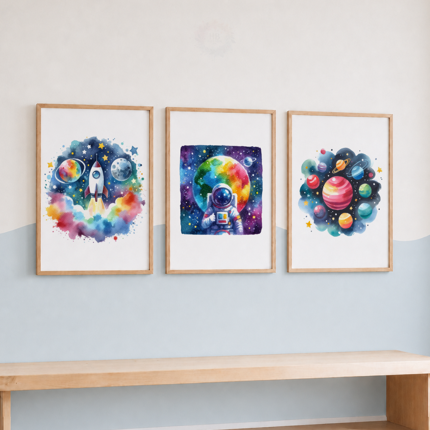 Colorful Watercolor Space Nursery Prints Set – Rocket Astronaut & Planets Wall Art