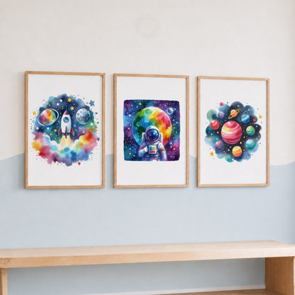 Colorful Watercolor Space Nursery Prints Set – Rocket Astronaut & Planets Wall Art