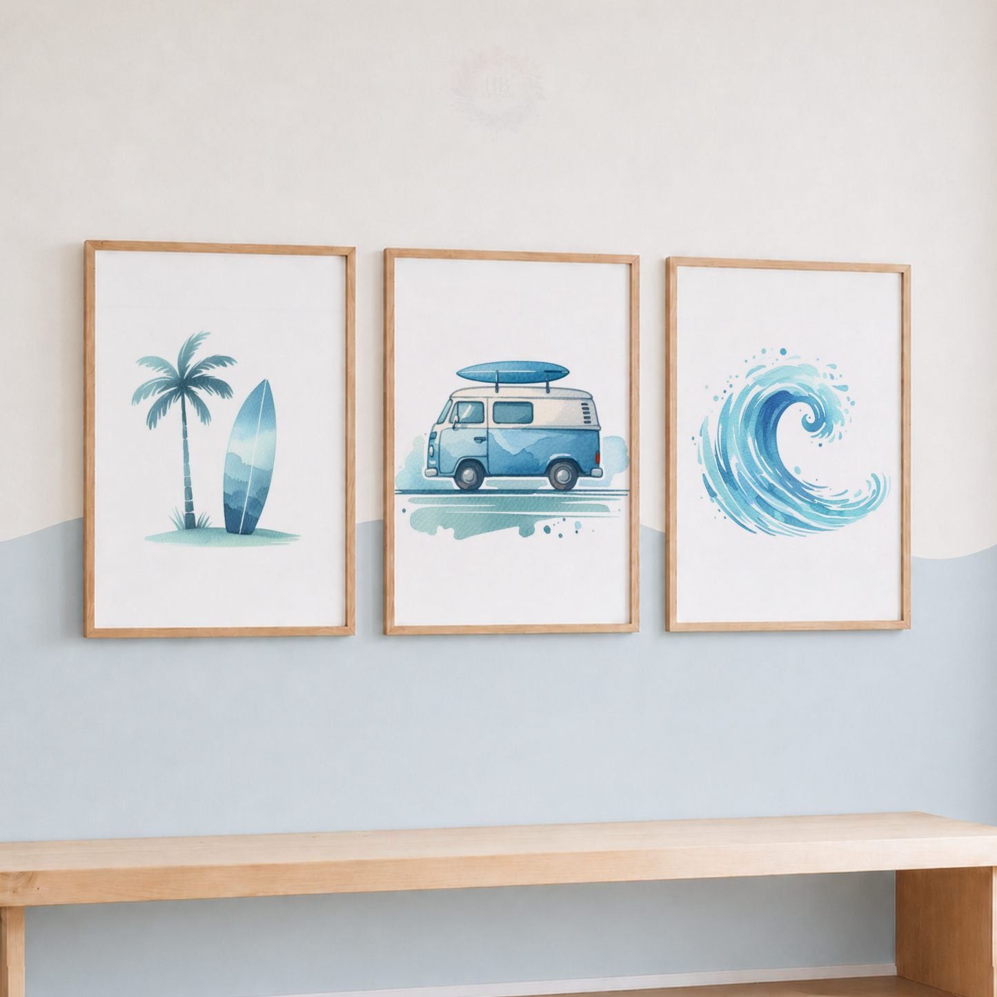 Surfing Watercolor Wall Art Set – Surf Van, Surfboard & Ocean Wave Nursery Prints