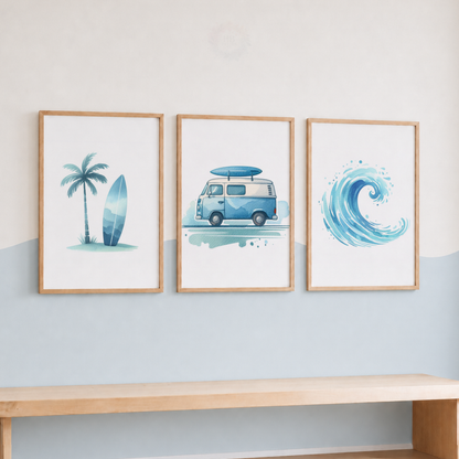 Surfing Watercolor Wall Art Set – Surf Van, Surfboard & Ocean Wave Nursery Prints