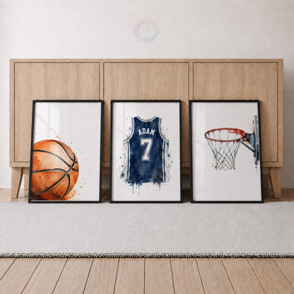 Personalised Basketball Prints – Set of 3 Watercolour Ball, Jersey & Hoop Wall Art