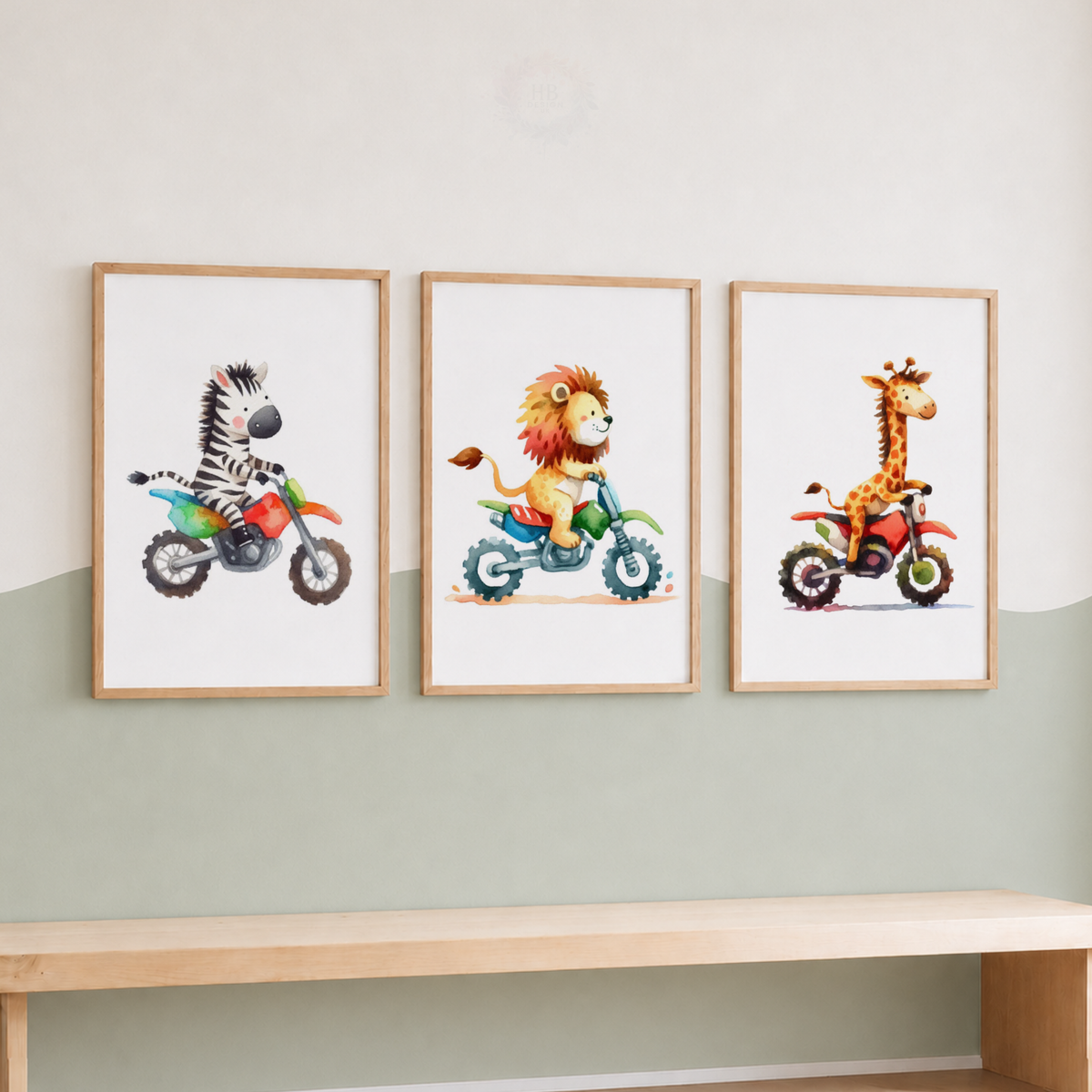 Safari Animals on Motorbikes Wall Art Set – Watercolor Nursery Prints