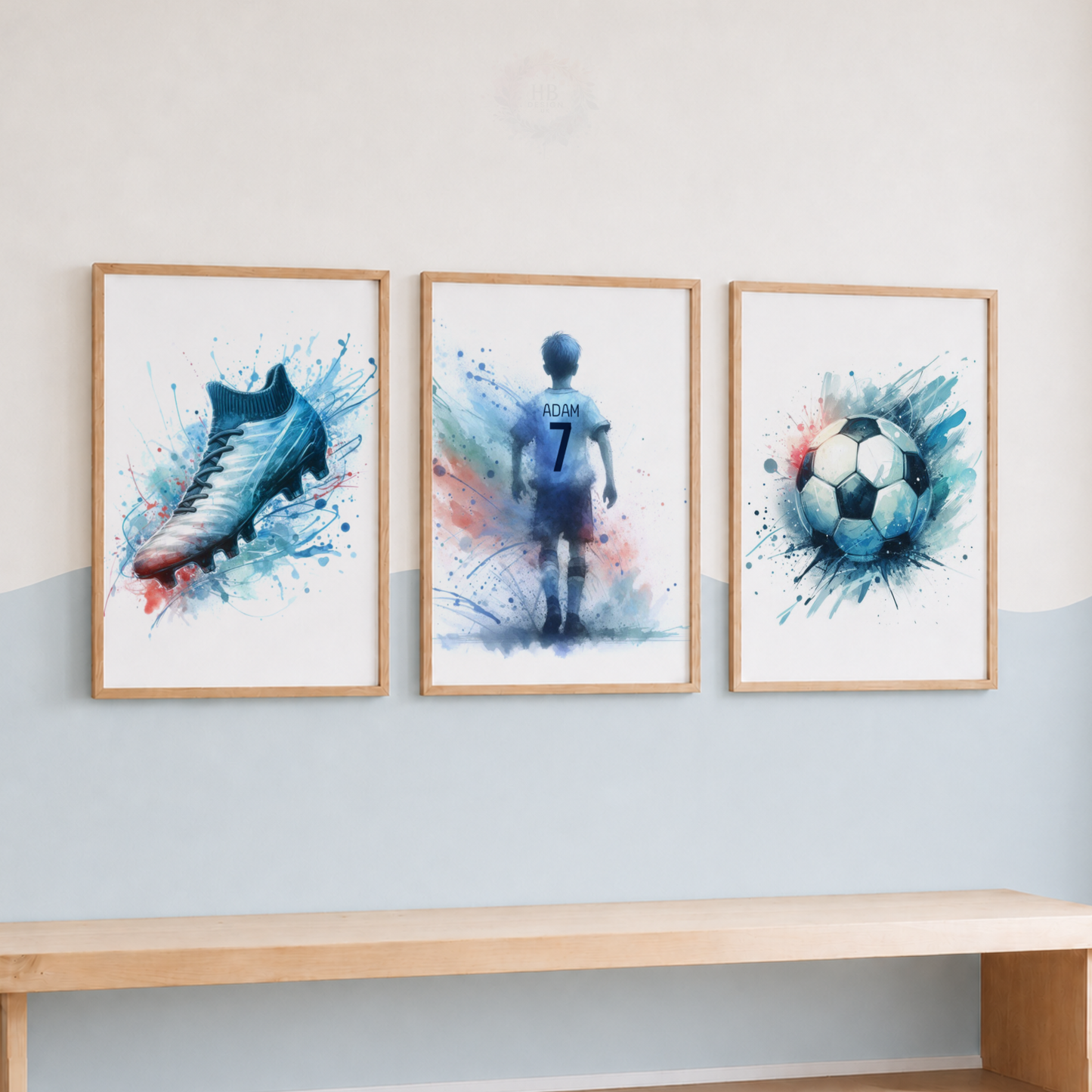 Personalized Blue Football Wall Art Set – Custom Name & Number Football Watercolor Prints