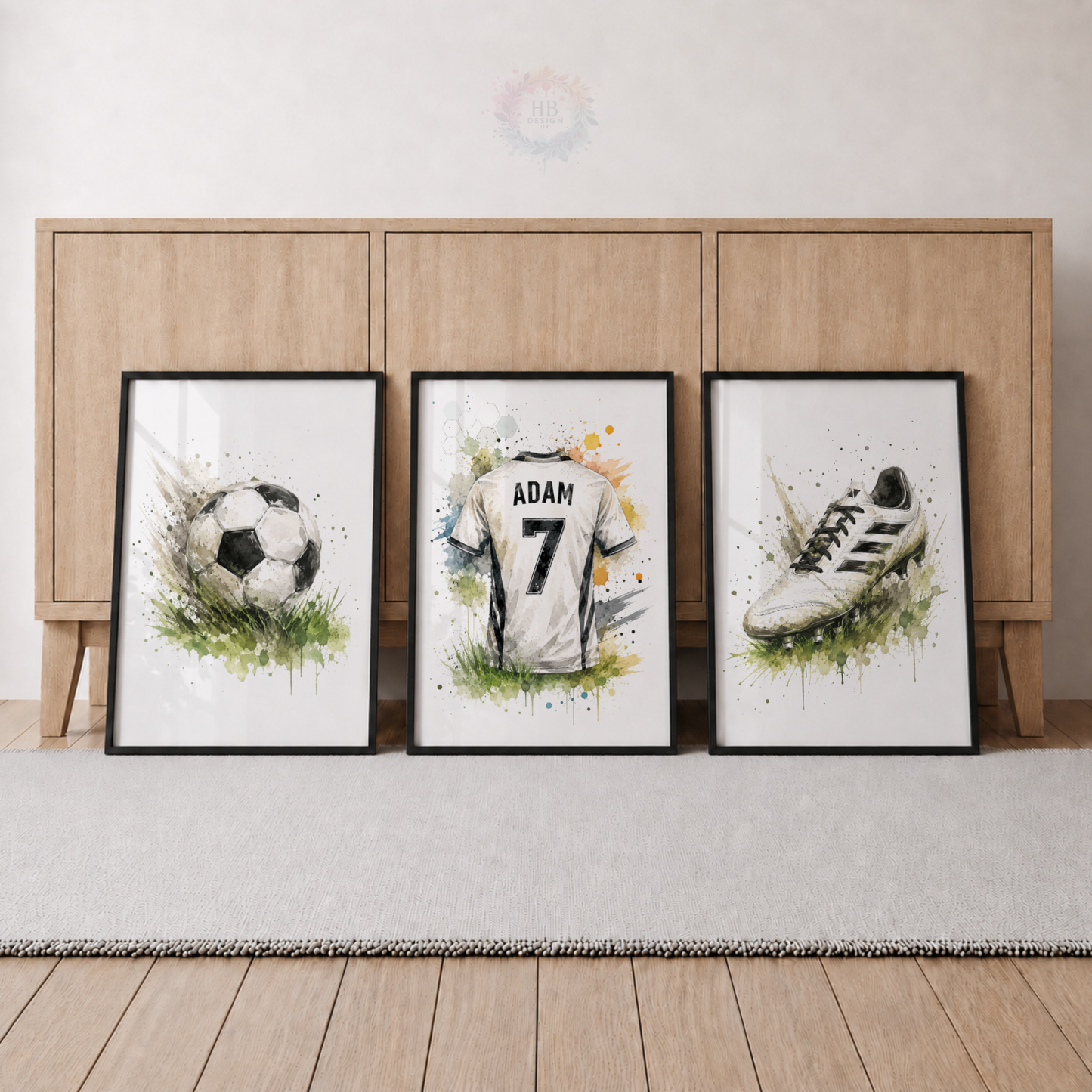 Personalised Football Wall Art Set – Green Watercolour Name & Number Prints
