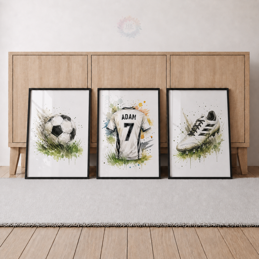 Personalised Football Wall Art Set – Green Watercolour Name & Number Prints
