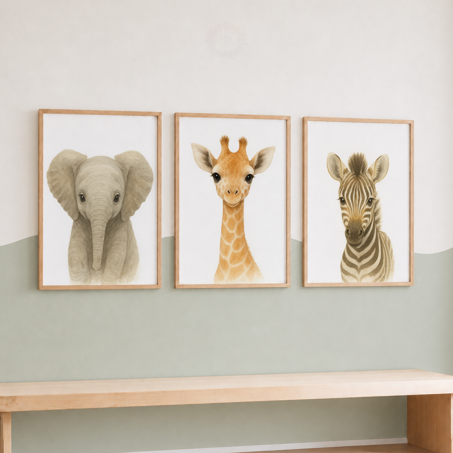 Baby Safari Animals Watercolor Wall Art Set – Elephant Giraffe Zebra Nursery Prints