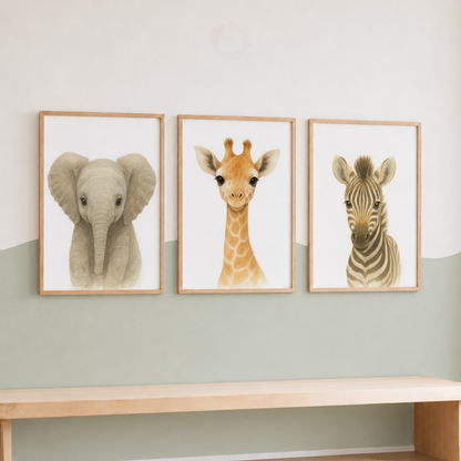 Baby Safari Animals Watercolor Wall Art Set – Elephant Giraffe Zebra Nursery Prints