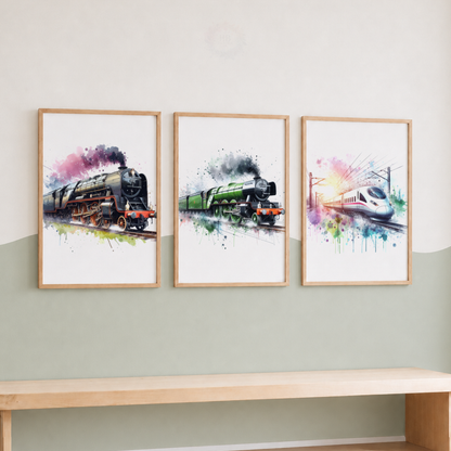 Train Wall Art Set – Steam & Modern Railway Watercolor Prints
