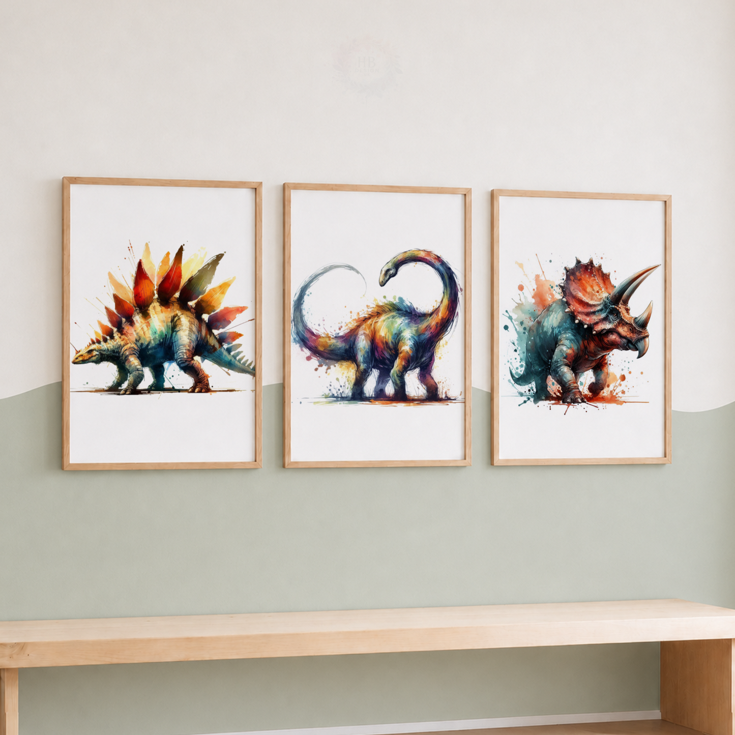 Colourful Watercolour Dinosaur Prints Set – Stegosaurus Brontosaurus & Triceratops Wall Art