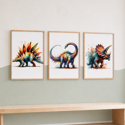 Colourful Watercolour Dinosaur Prints Set – Stegosaurus Brontosaurus & Triceratops Wall Art