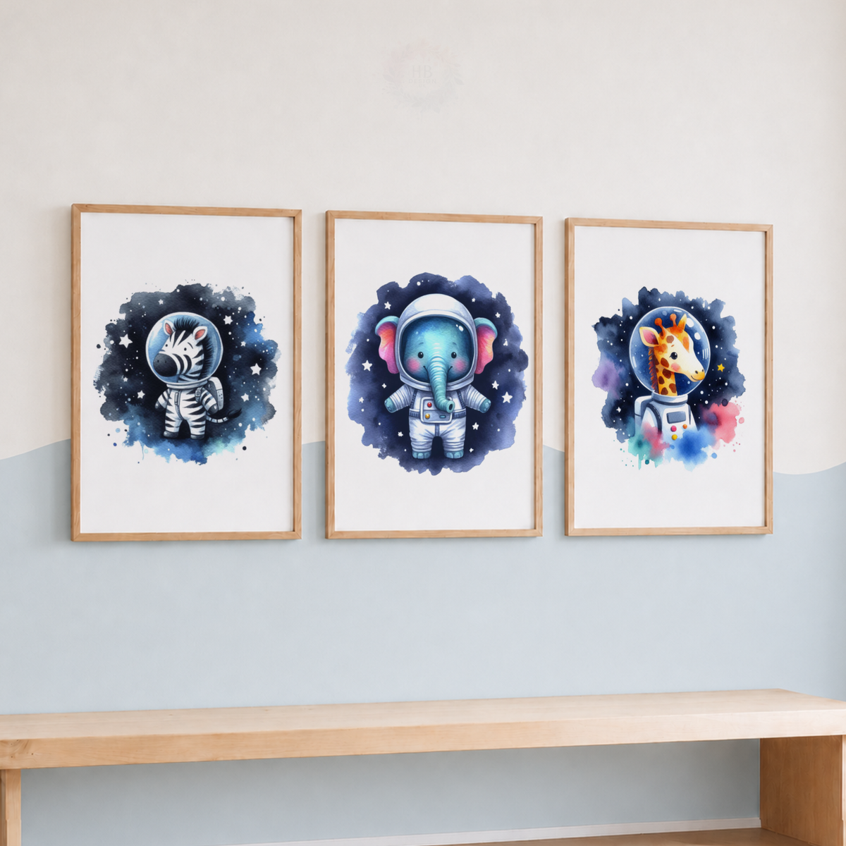 Watercolor Safari Animal Astronaut Nursery Prints Set – Zebra Elephant & Giraffe Space Wall Art