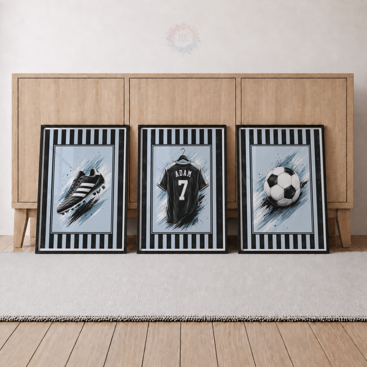 Personalised Blue & Black Football Wall Art Set – Name & Number Prints