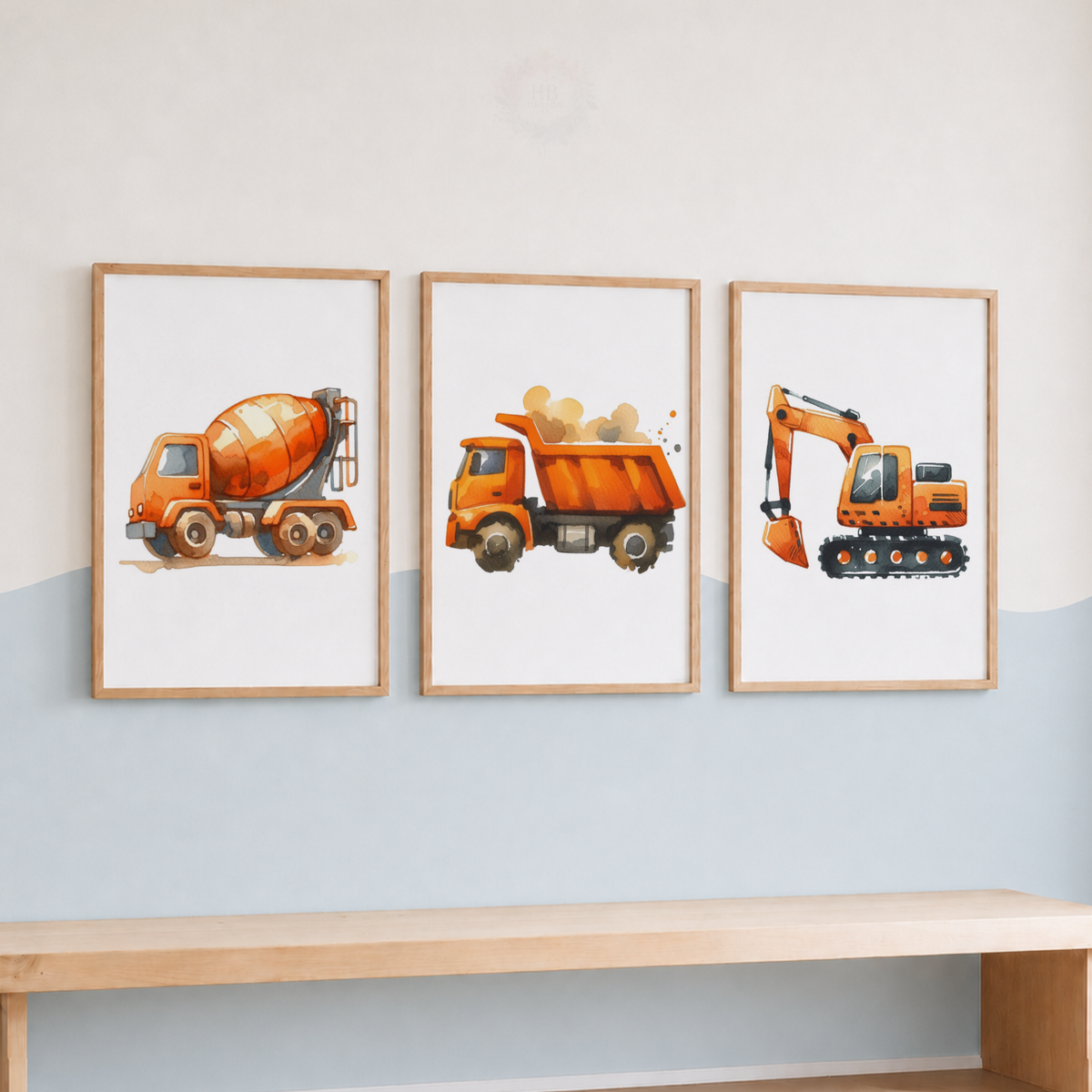 Orange Construction Vehicle Watercolor Prints Set – Cement Mixer, Dump Truck & Excavator Wall Art