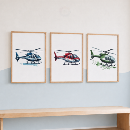 Watercolor Helicopter Wall Art Set – Colorful Aviation Nursery Prints
