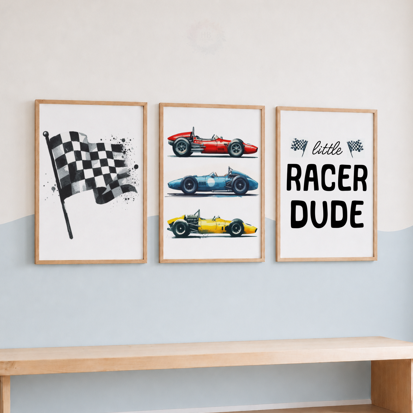 Vintage Racing Car Wall Art Set – Red Yellow Blue Little Racer Dude Prints