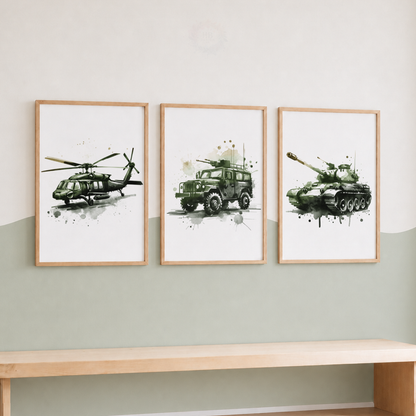 Green Military Vehicle Watercolor Prints Set – Helicopter Army Truck & Tank Wall Art