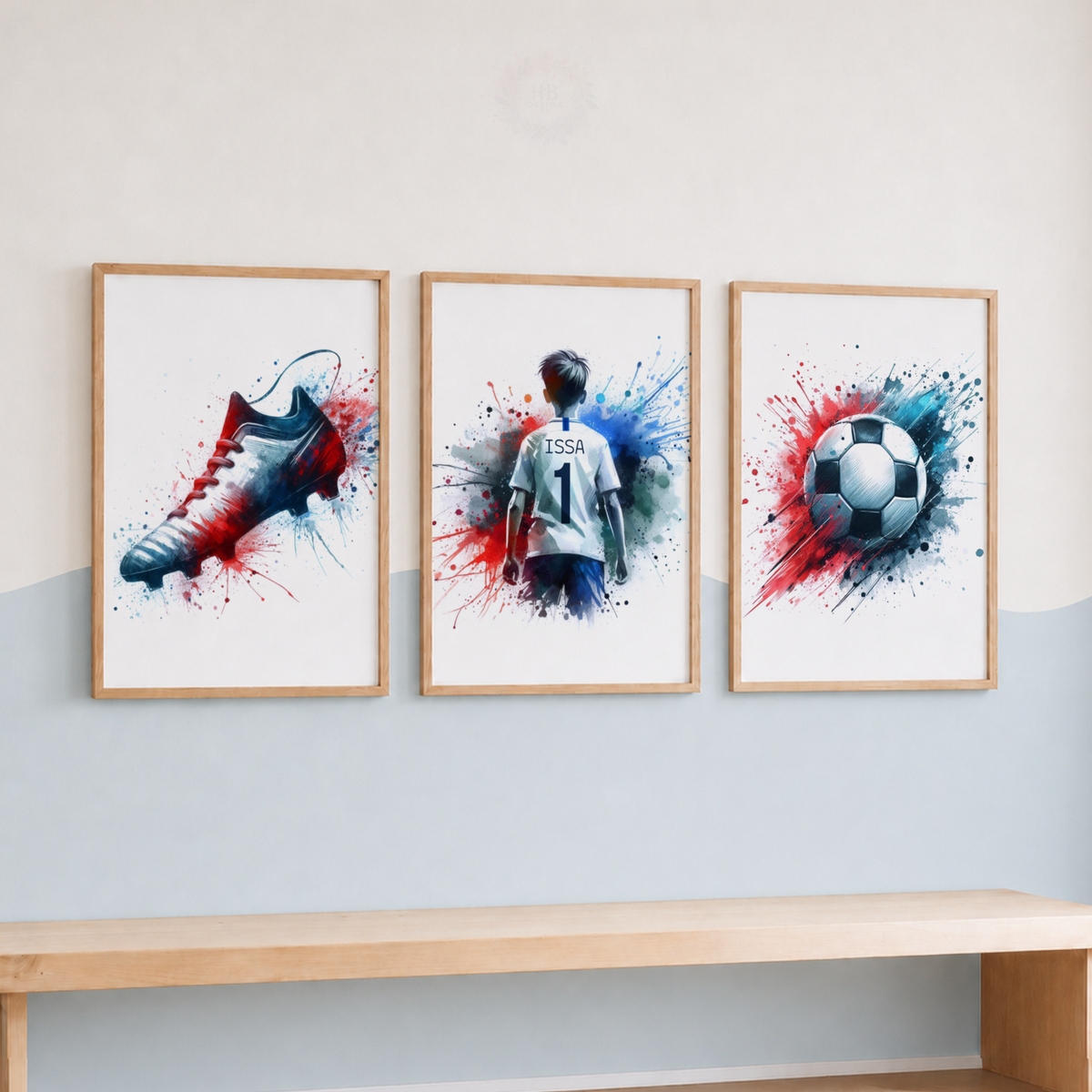 Personalized Soccer Boy Wall Art Set – Custom Name & Number Football Watercolor Prints