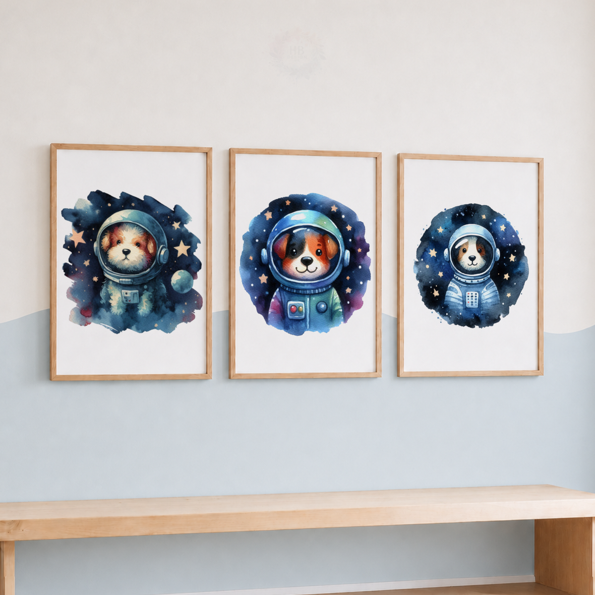 Watercolor Dog Astronaut Nursery Prints Set – Space Puppy Wall Art