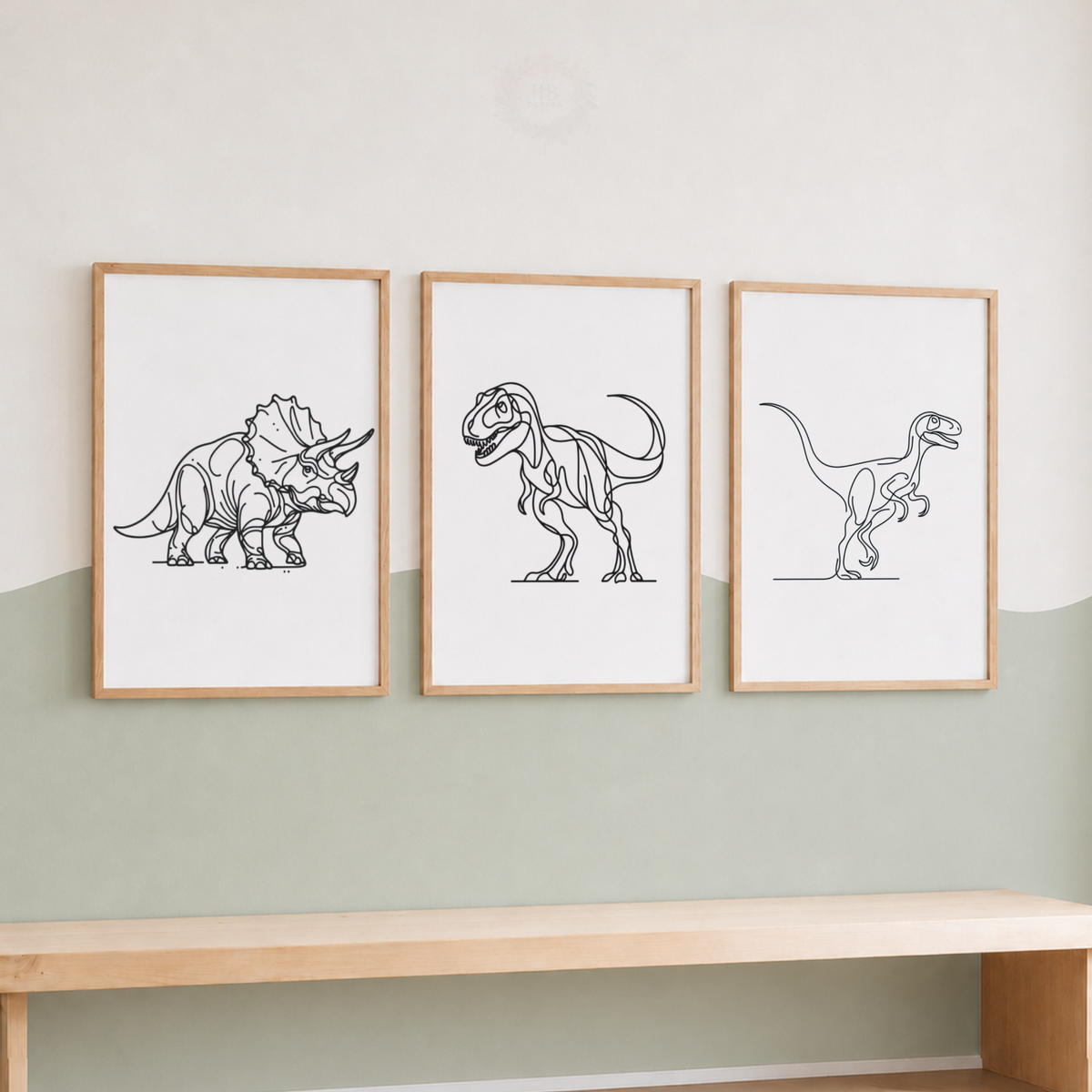 Minimalist Dinosaur Line Art Prints Set – Triceratops T-Rex & Raptor Wall Art