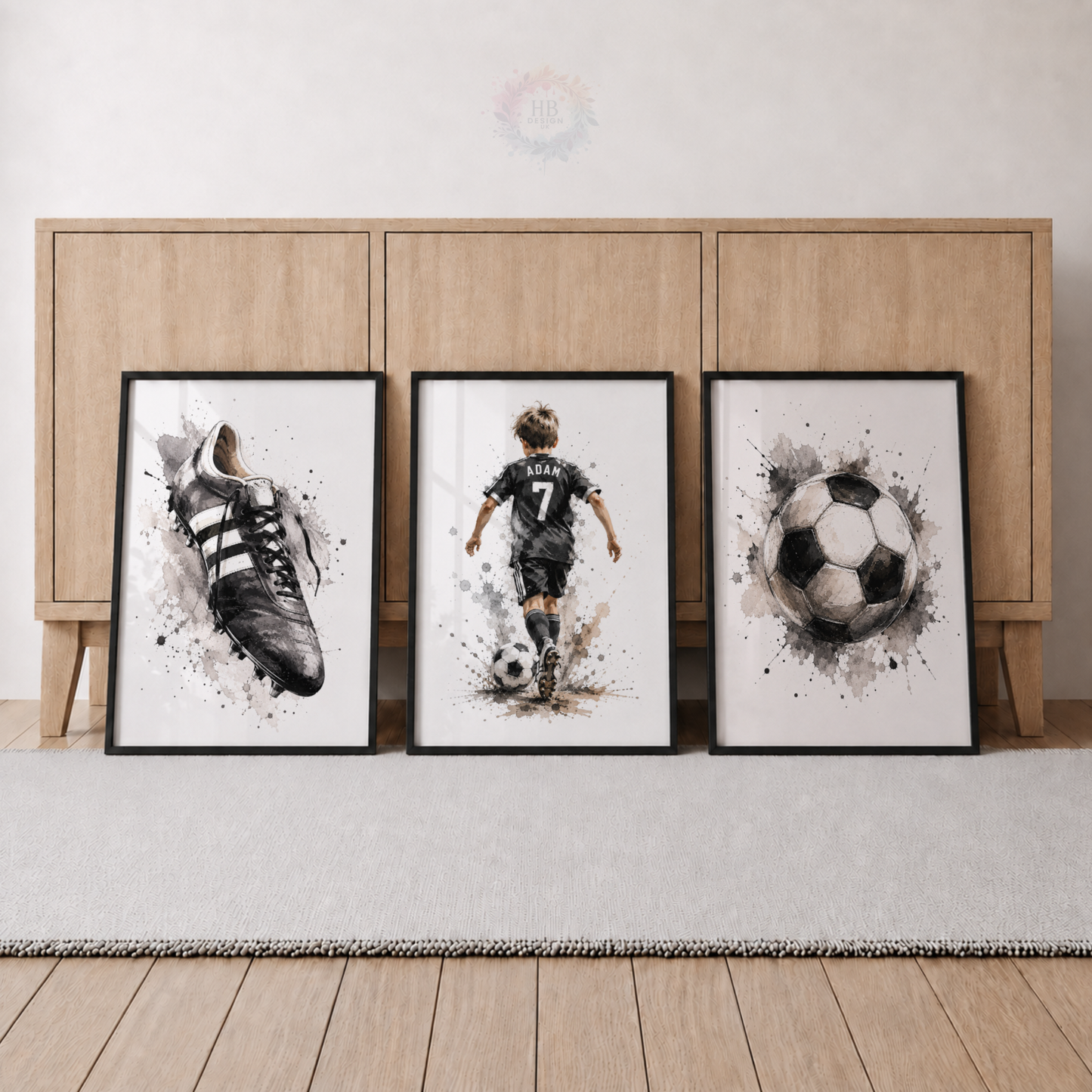 Personalised Black & White Football Wall Art Set – Name & Number Football Prints