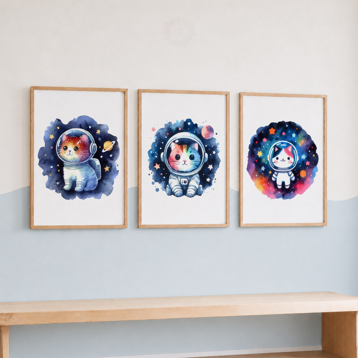 Watercolor Cat Astronaut Nursery Prints Set – Space Kitty Wall Art