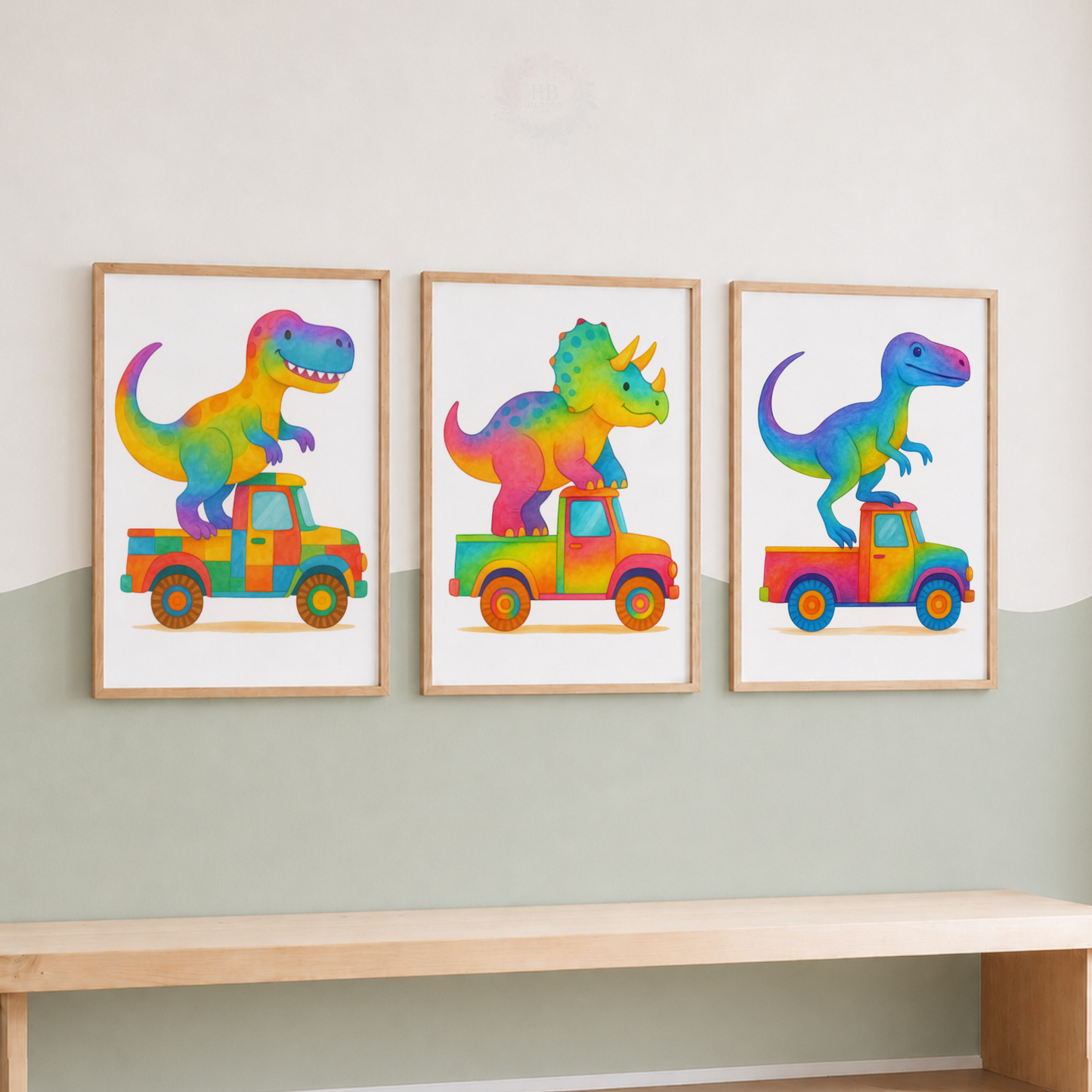 Colourful Dinosaur Truck Prints Set – Rainbow Dinosaur Nursery Wall Art