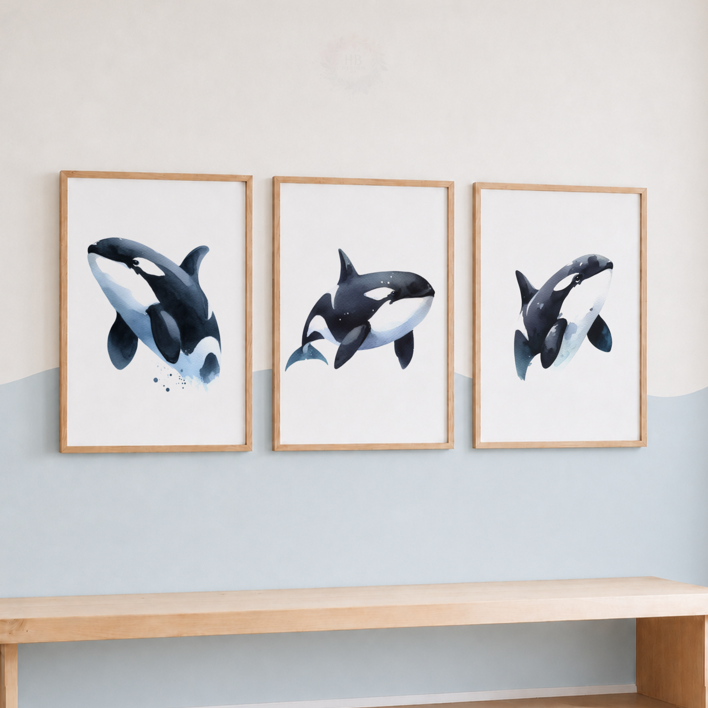 Orca Whale Watercolor Wall Art Set – Killer Whale Ocean Nursery Prints