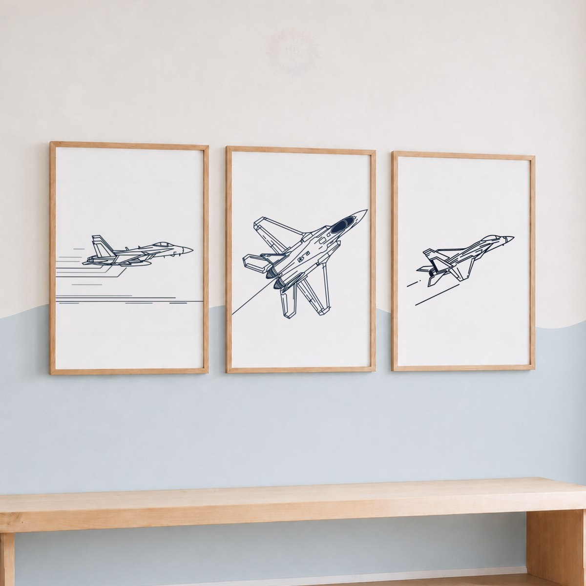 Fighter Jet Wall Art Set – Minimalist Military Airplane Line Art Prints