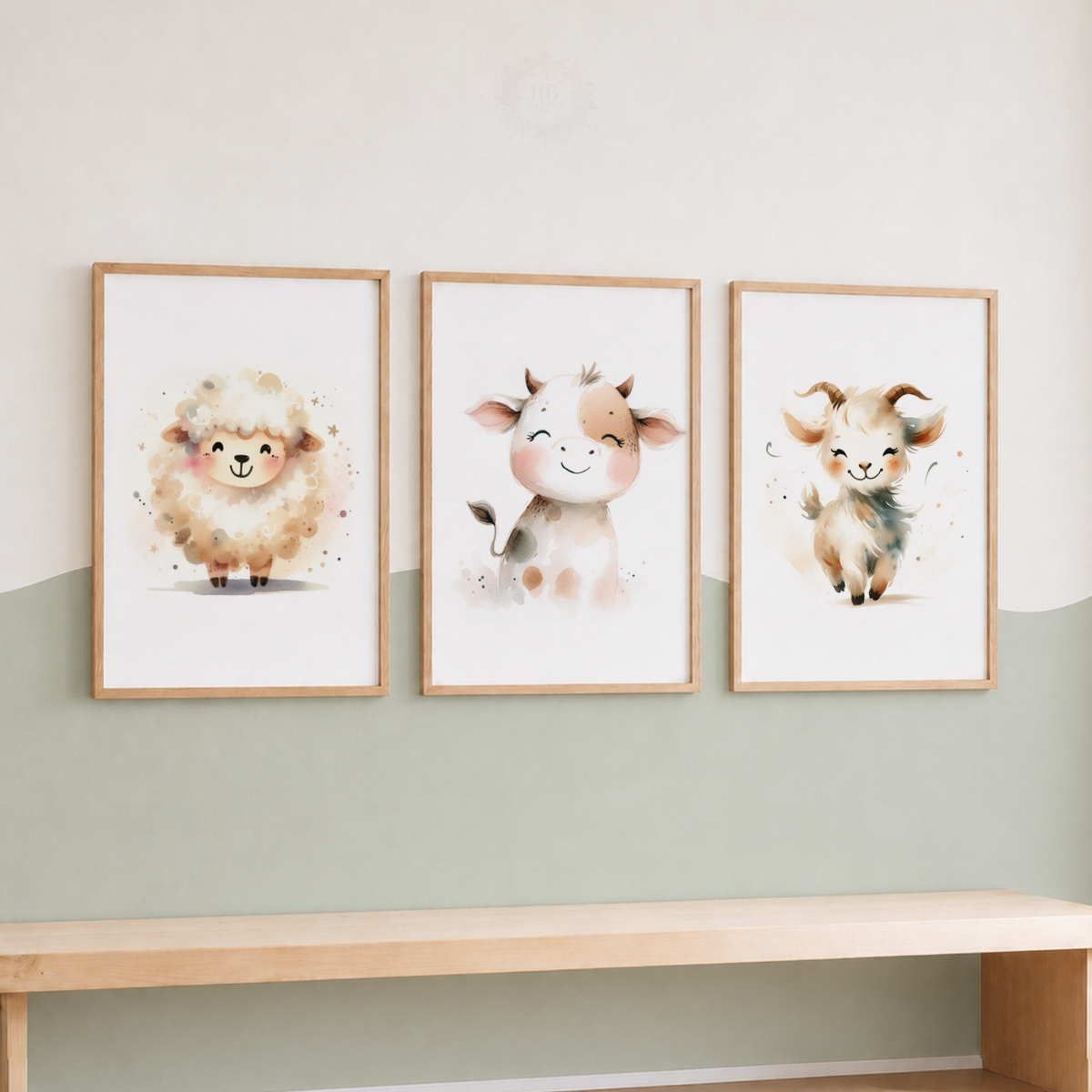 Farm Animal Nursery Prints Set – Sheep, Cow & Goat Watercolour Wall Art