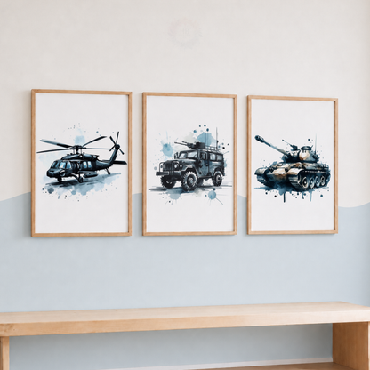 Military Vehicle Watercolor Prints Set – Helicopter Army Truck & Tank Wall Art