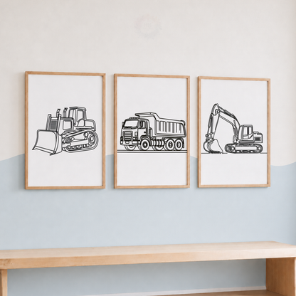 Construction Vehicle Line Art Prints Set – Bulldozer, Dump Truck & Excavator Wall Art