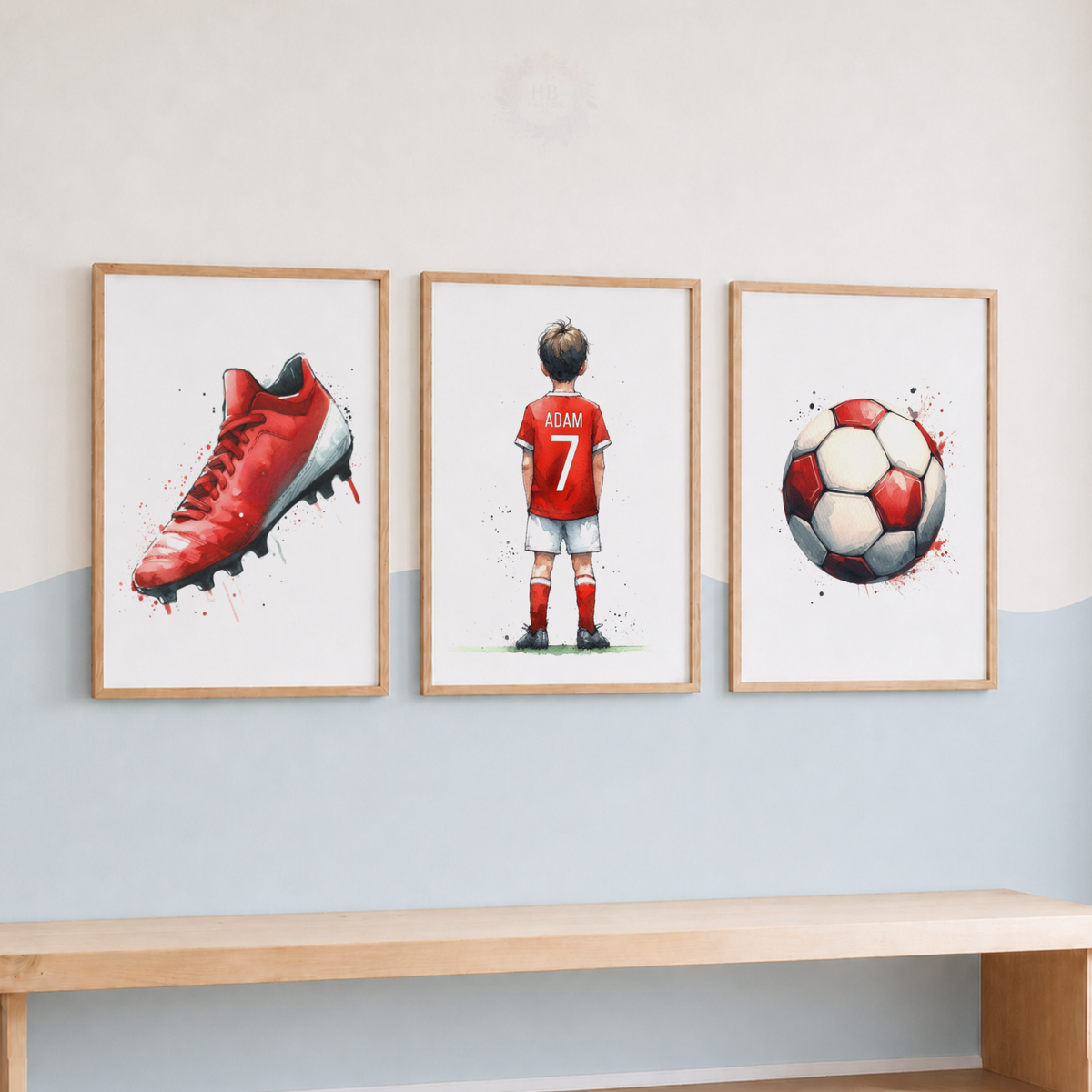 Personalised Football Boy Watercolor Wall Art Set – Custom Name & Number Football Prints