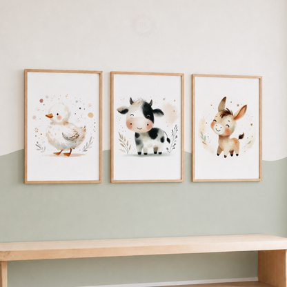 Farm Animal Nursery Prints Set – Duck, Cow & Donkey Watercolour Wall Art