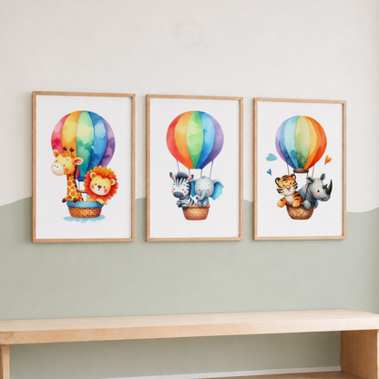Safari Animals Hot Air Balloon Watercolor Wall Art Set – Rainbow Nursery Prints