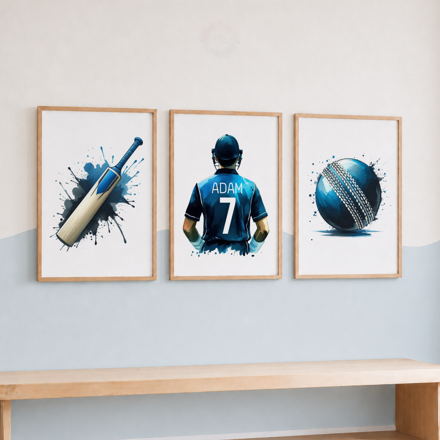 Personalized Cricket Wall Art Set – Custom Name & Number Blue Watercolor Sports Prints