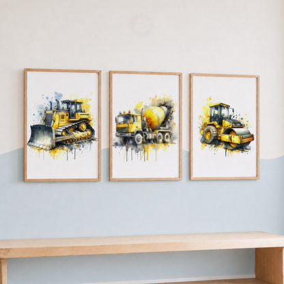 Construction Vehicle Watercolor Prints Set – Bulldozer, Cement Mixer & Road Roller Wall Art