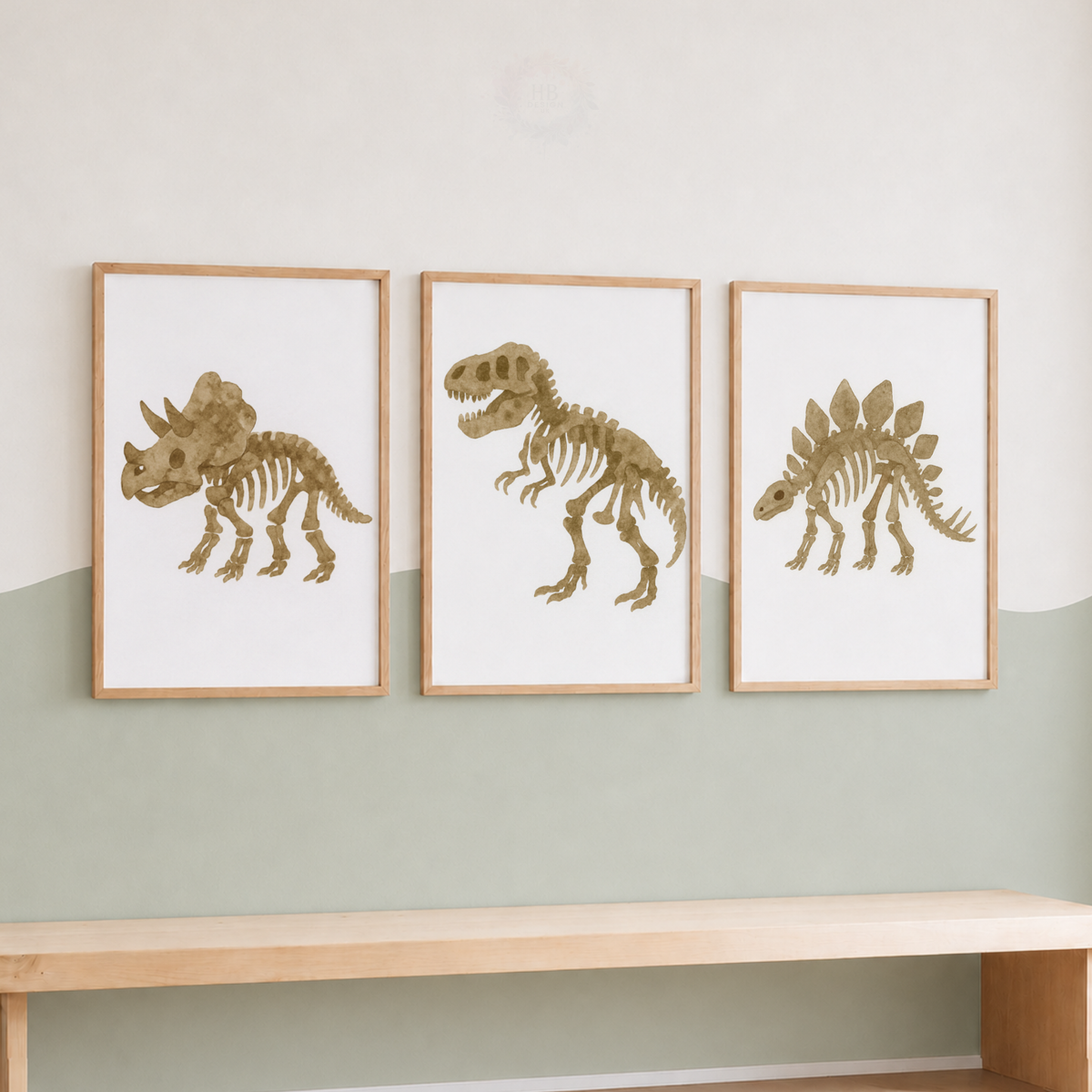Dinosaur Fossil Nursery Prints Set – T-Rex Triceratops & Stegosaurus Wall Art