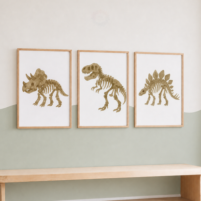 Dinosaur Fossil Nursery Prints Set – T-Rex Triceratops & Stegosaurus Wall Art