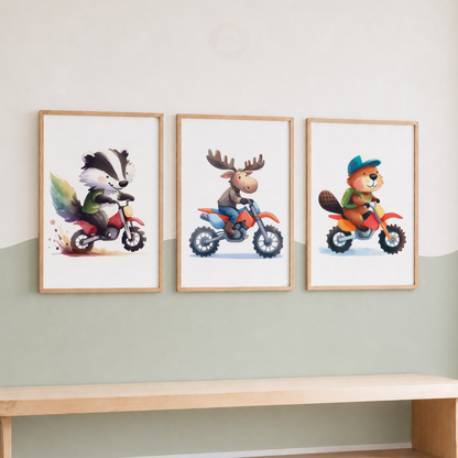 Woodland Animals on Motorbikes Nursery Prints Set – Badger Moose & Beaver Wall Art