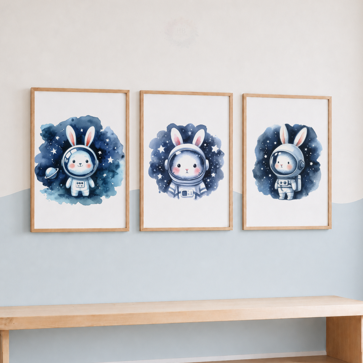 Watercolor Bunny Astronaut Nursery Prints Set – Space Rabbit Wall Art