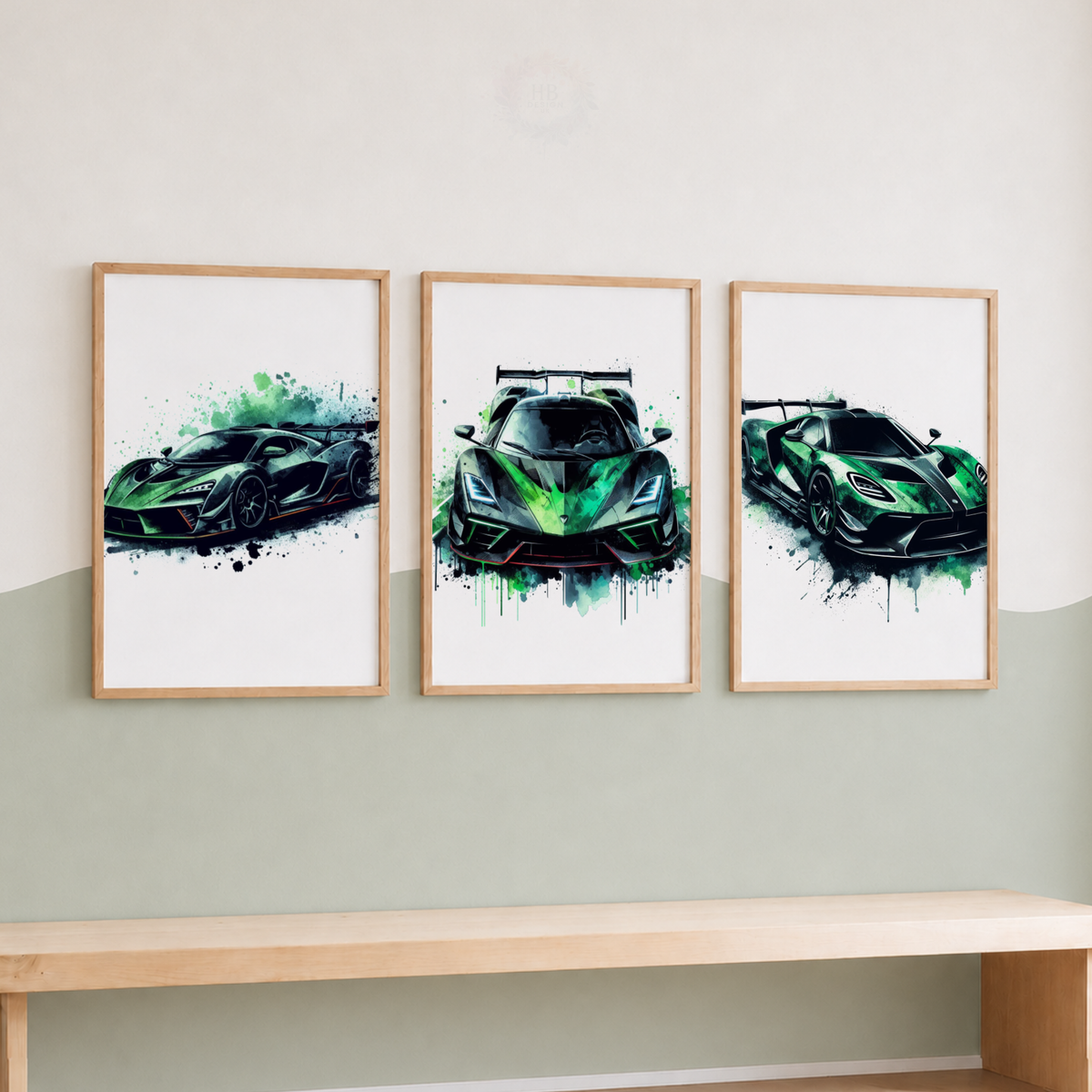 Green Supercar Wall Art Set – Watercolor Sports Car Prints