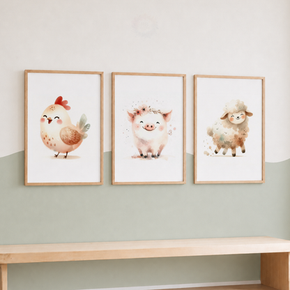 Farm Animal Nursery Prints Set – Chicken, Pig & Sheep Watercolour Wall Art