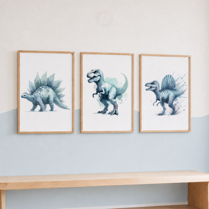 Blue Dinosaur Nursery Prints Set – T-Rex Stegosaurus & Spinosaurus Wall Art