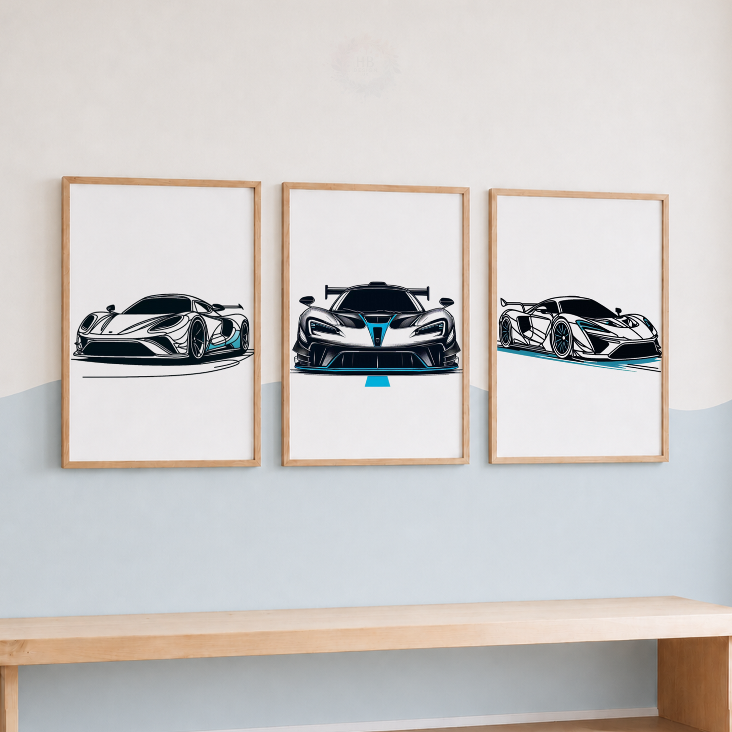 Supercar Racing Prints Set – Blue Sports Car Wall Art