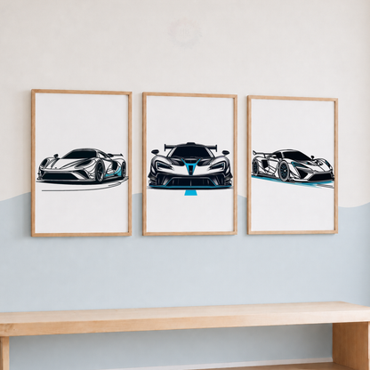 Supercar Racing Prints Set – Blue Sports Car Wall Art