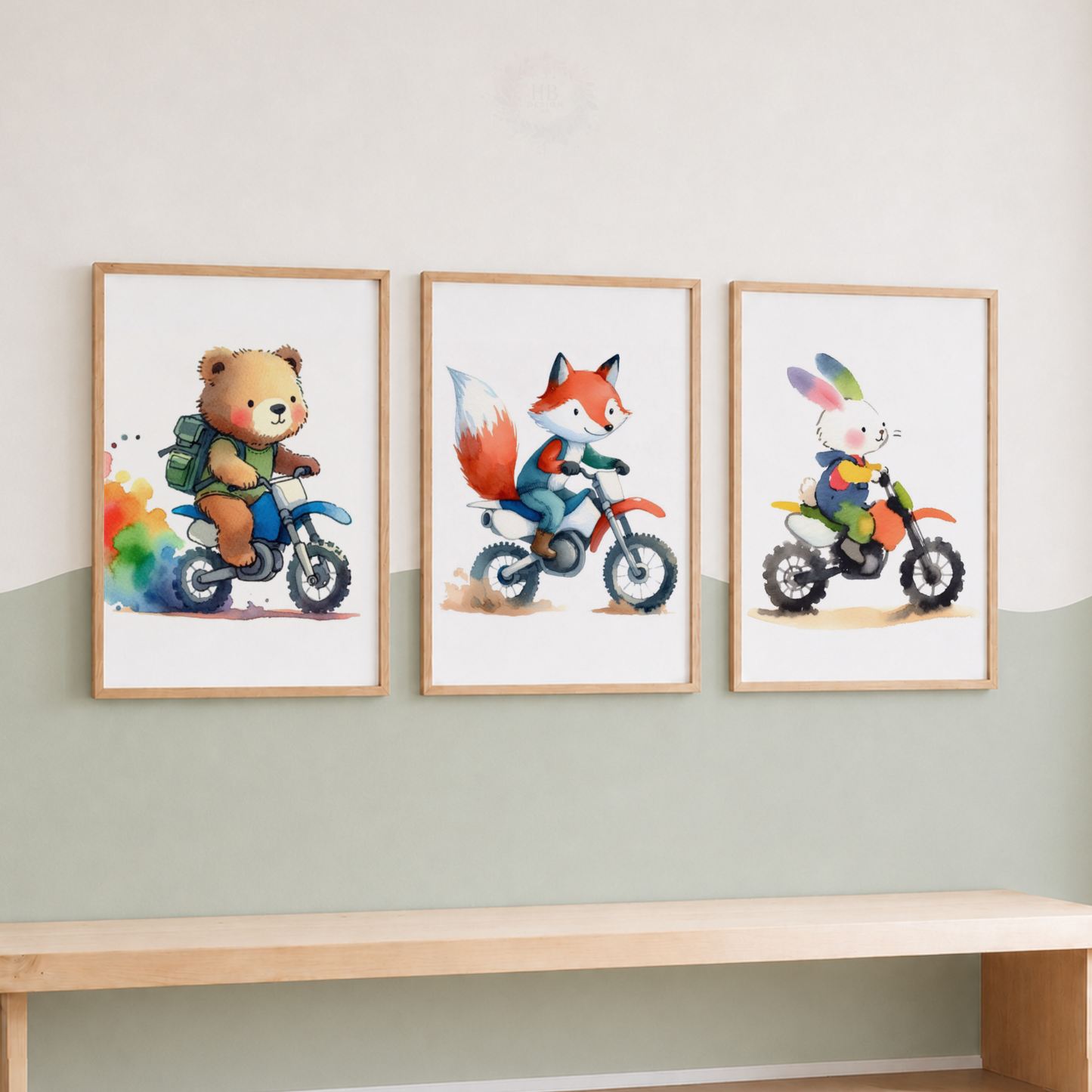 Woodland Animals on Motorbikes Nursery Prints Set – Bear Fox & Bunny Wall Art