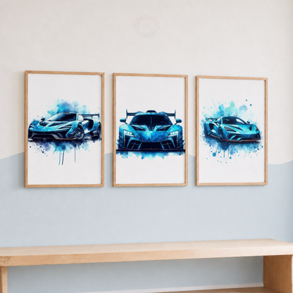 Blue Supercar Wall Art Set – Watercolor Sports Car Prints