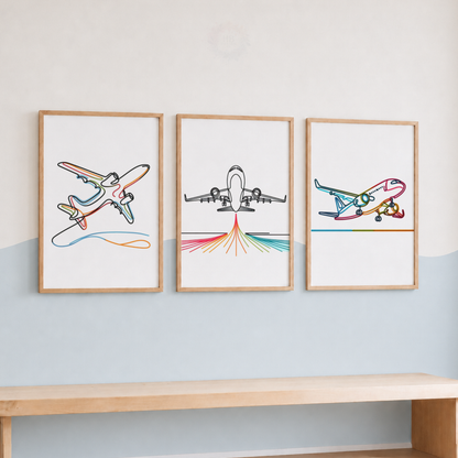 Colorful Airplane Wall Art Set – Minimalist Aviation Line Art Prints