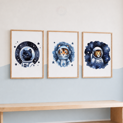 Watercolor Space Animals Nursery Prints Set – Cat Tiger & Lion Astronaut Wall Art