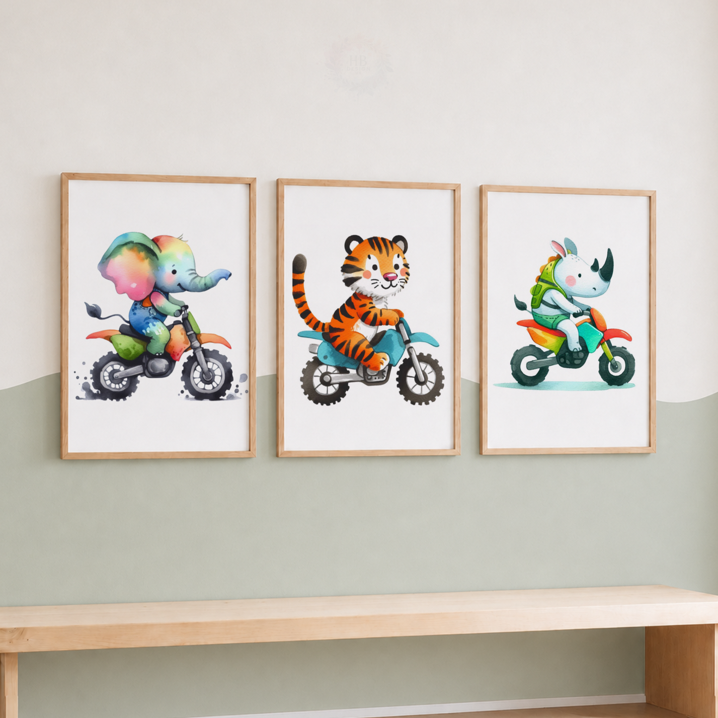 Safari Animals on Motorbikes Watercolor Wall Art Set – Kids Nursery Prints
